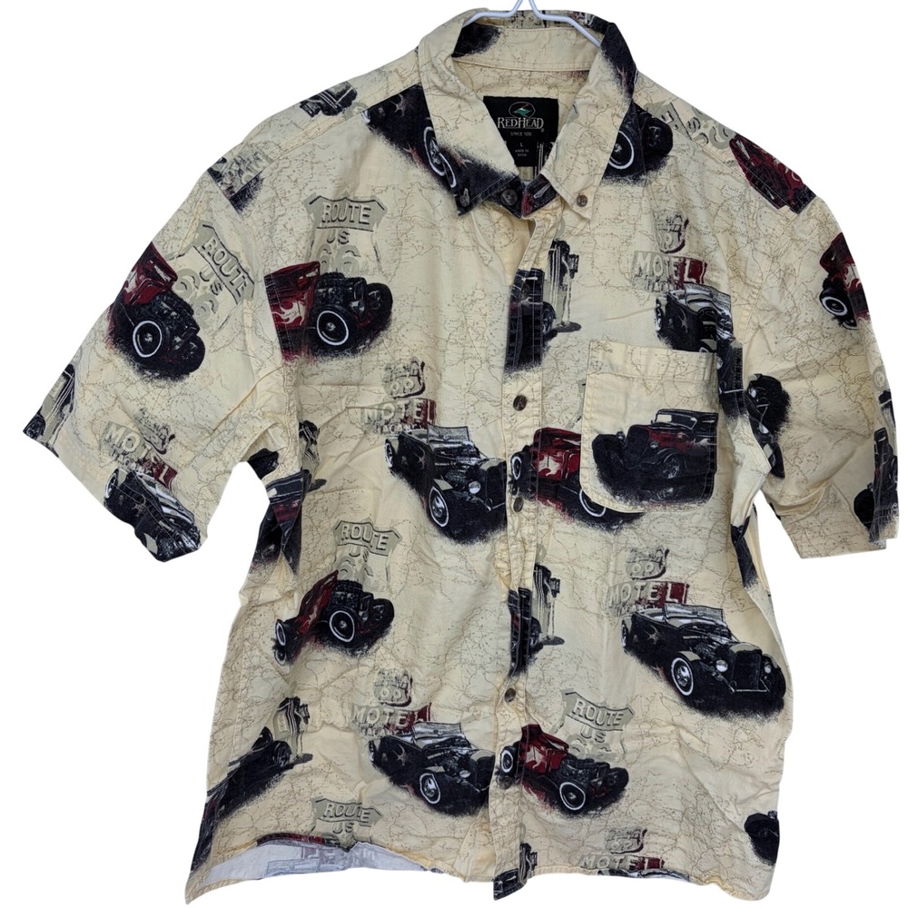 RedHead‎ Route 66 Motel Button Up Shirt Large Mens Cream Old School Cars AOP